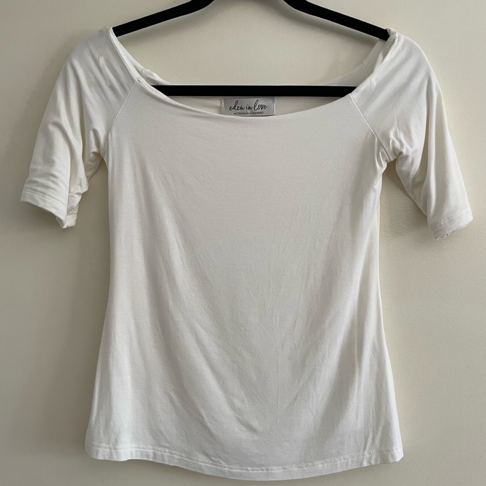 White Boatneck 3/4 Sleeve Top Eden in love Hawaii Small Rayon Modal